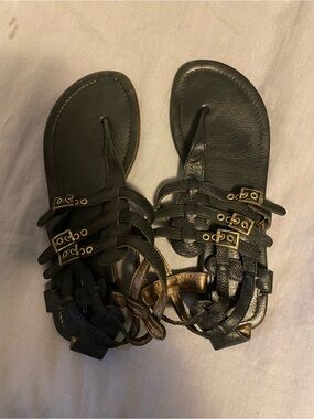 Cynthia Vincent Black Strappy Gladiator Sandals with Gold Buckle Details